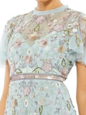 NWT Mac Duggal Mint Embellished Butterfly Sleeves High Ruffled Neck Gown A9136